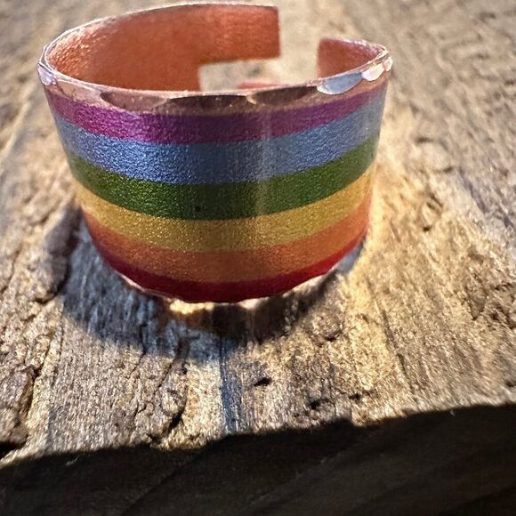 Handmade Boho Copper Narrow Cuff Bracelet, Diamond Cut Rainbow Pride Design, Gi - Picture 5 of 9